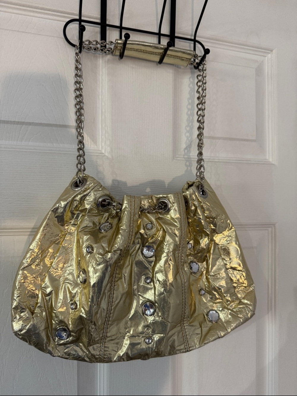 (NEW) Gold Quilted Gem-Embellished Shoulder Bag